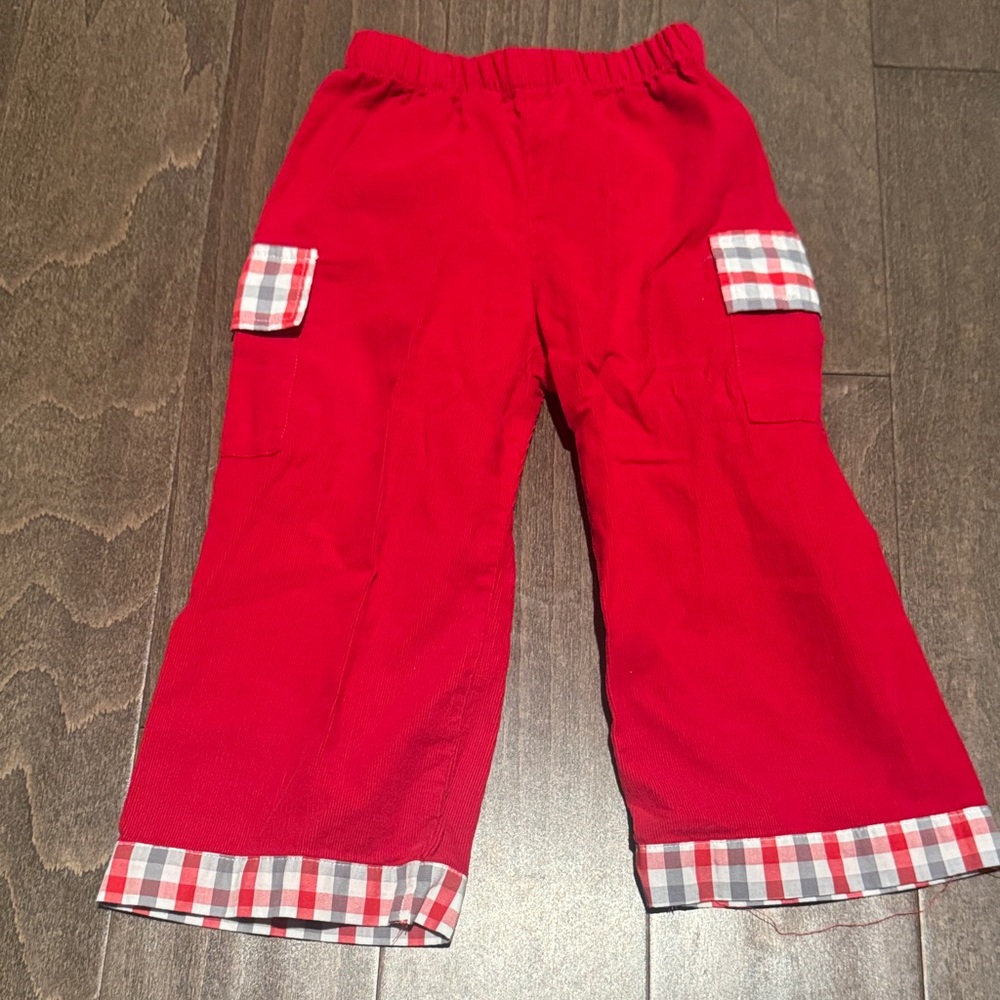 Velvet Corduroy Red Cargo Pants with Plaid Accents- Size 3